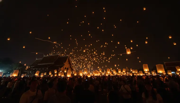 Hundreds of glowing sky lanterns released over a Lanna temple during Yi Peng in Chiang Mai