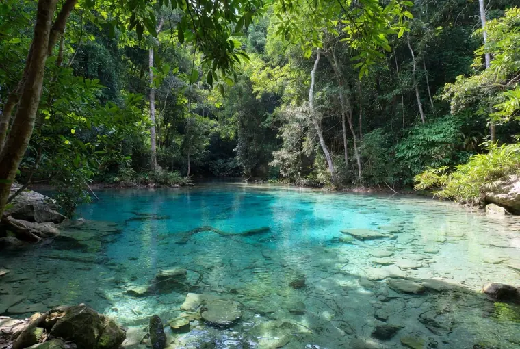 Emerald Pool near Krabi with clear turquoise water in the jungle