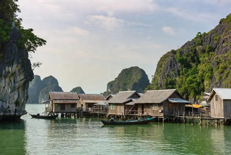 Wooden stilt houses of Koh Panyee floating village in Phang Nga Bay