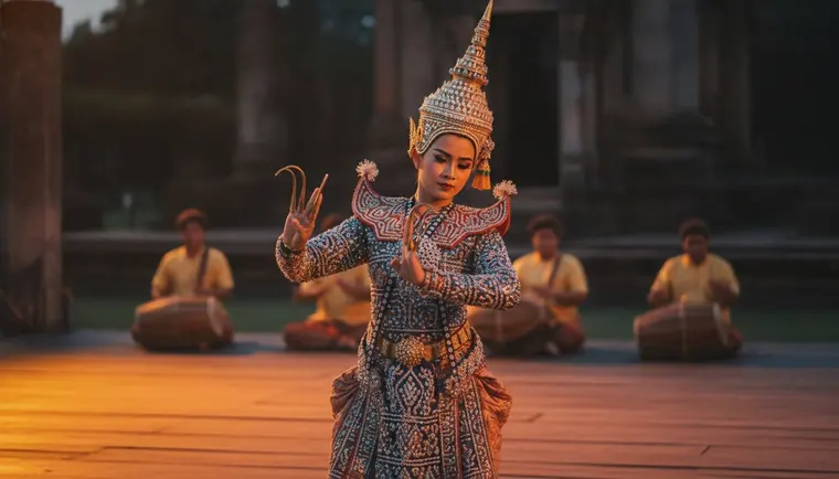A Nora dance drama performer in a beaded costume and tiered crown, a living tradition of southern Thai culture