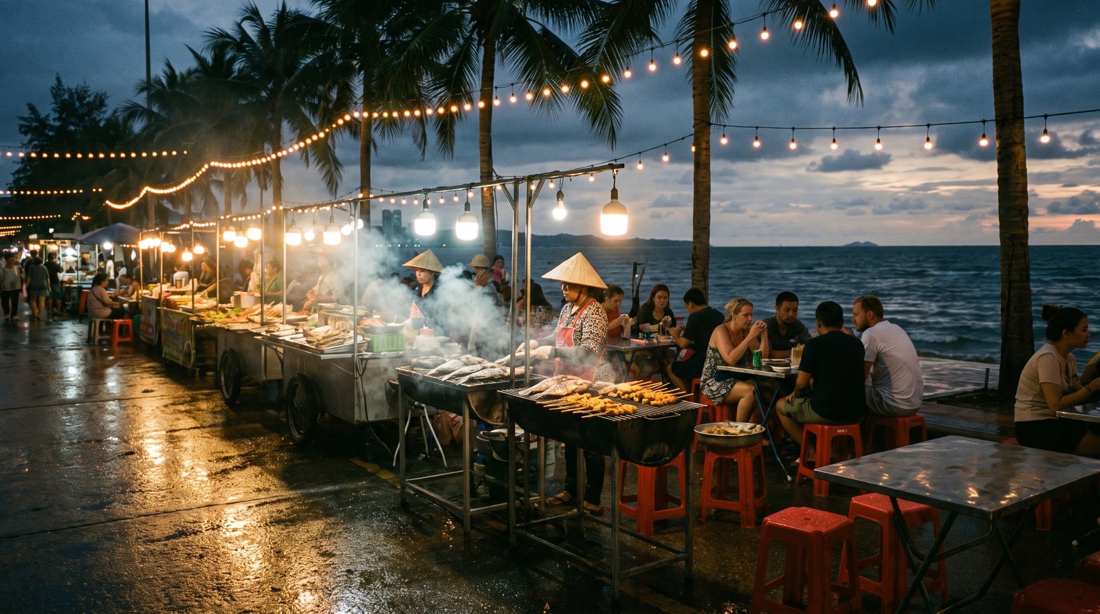 Evening street food stalls on the Jomtien beachfront in Pattaya after a monsoon shower, lit by string lights