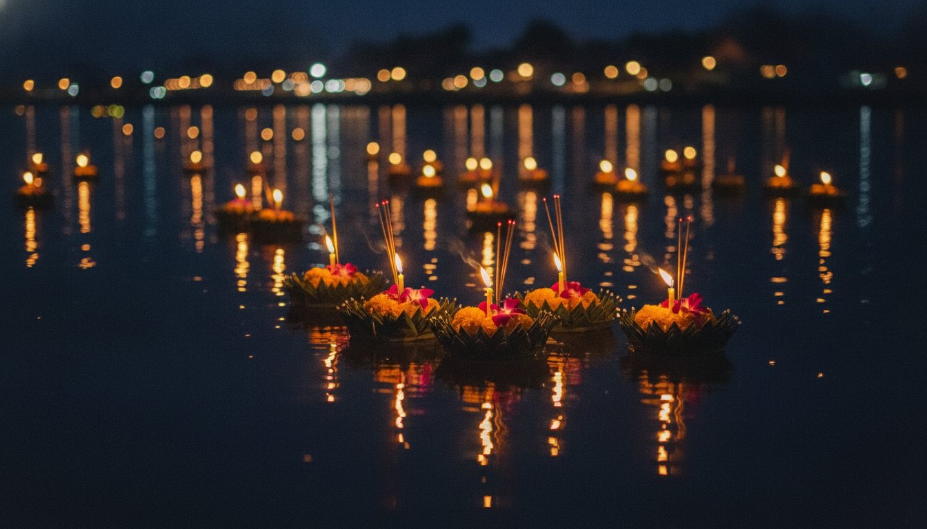 Candlelit banana-leaf krathong floats drifting on dark water during Loy Krathong, one of the biggest Thai festivals of 2026