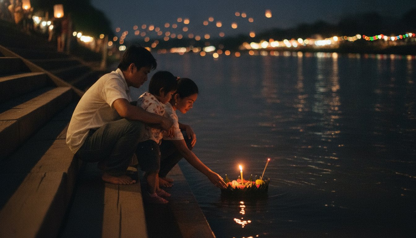 A family releasing a candlelit krathong at a riverside at night, a highlight for Thailand vacation planning in November