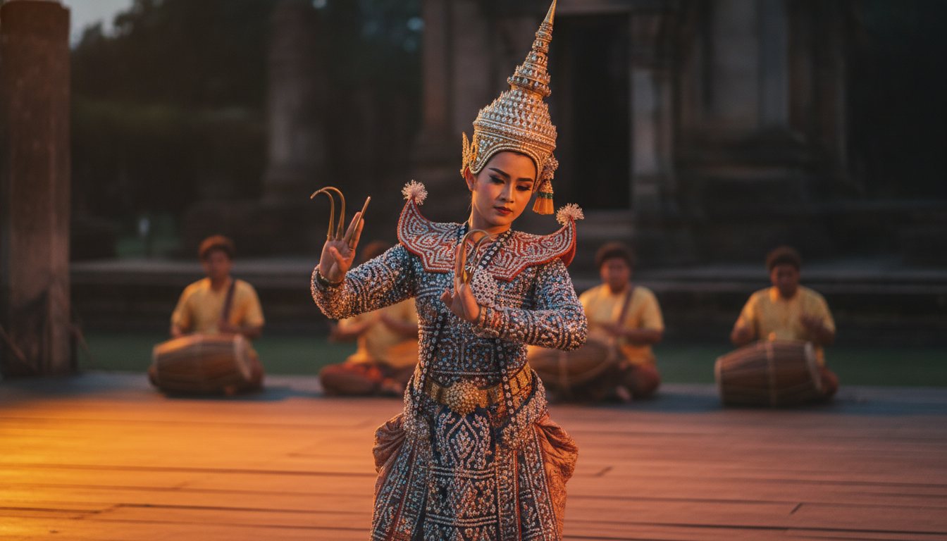A Nora dance drama performer in a beaded costume and tiered crown, a living tradition of southern Thai culture