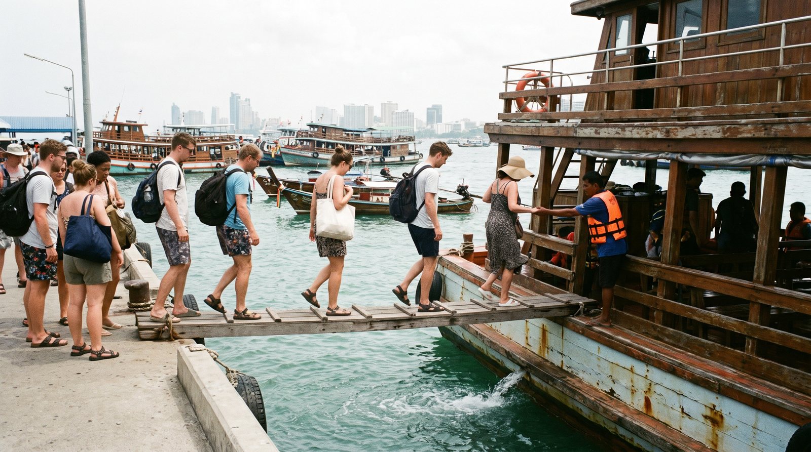 Travellers boarding the public Koh Larn ferry at Bali Hai Pier in Pattaya, where the fare is now 40 baht one way