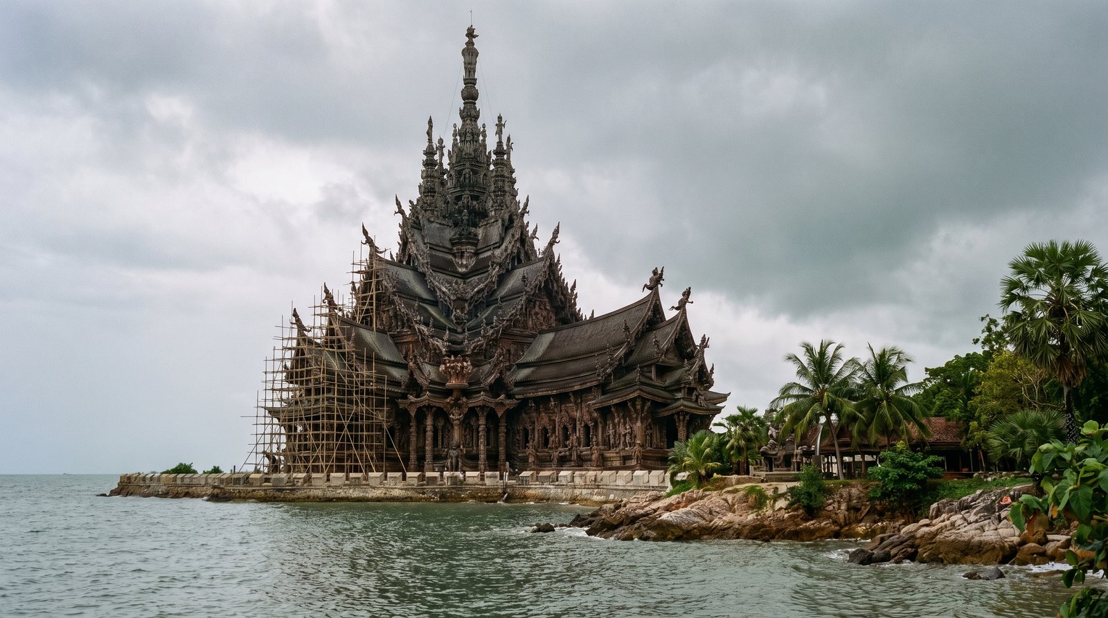 The hand-carved teak Sanctuary of Truth on the Pattaya coast, a covered attraction for rainy-season things to do in Pattaya