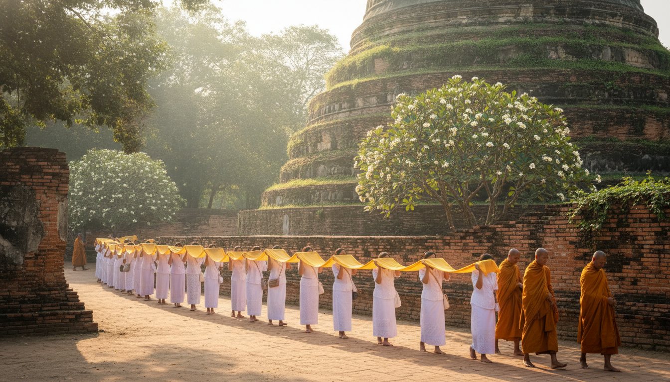 Devotees in white carrying a long saffron cloth in procession around a chedi during a Thai Buddhist merit-making ceremony