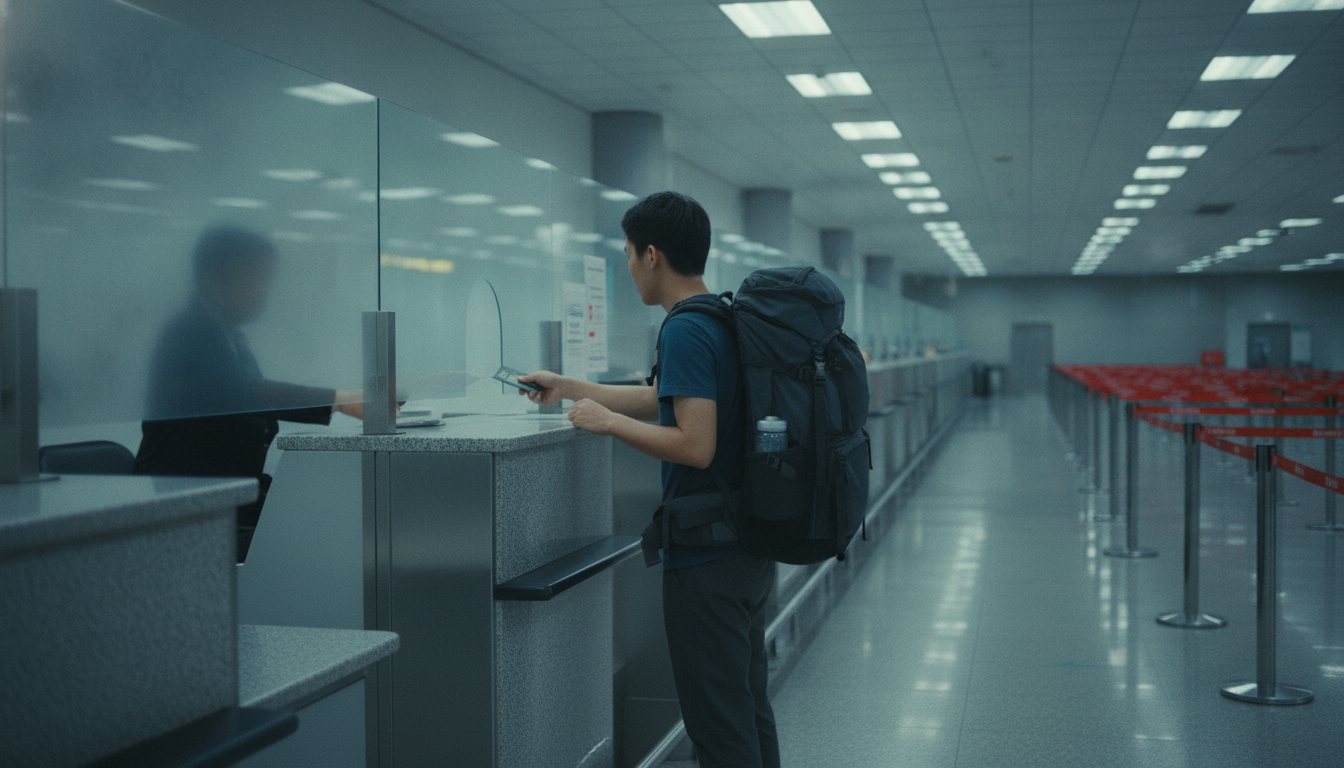 A backpacker handing over a passport at an airport immigration counter during a Thailand entry check