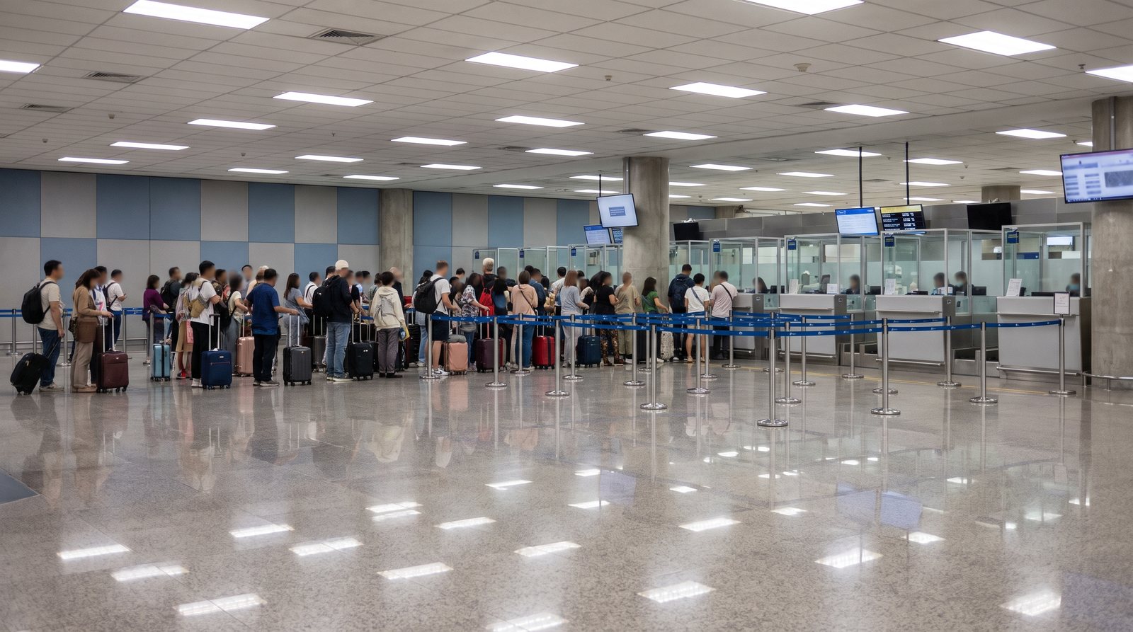 Queues at passport control in a Thai airport arrivals hall, where the visa exemption length of stay is granted on arrival