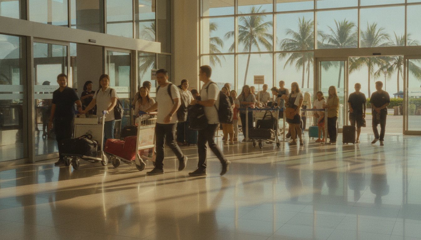Travellers with luggage trolleys emerging into a sunlit arrivals hall on arrival in Thailand