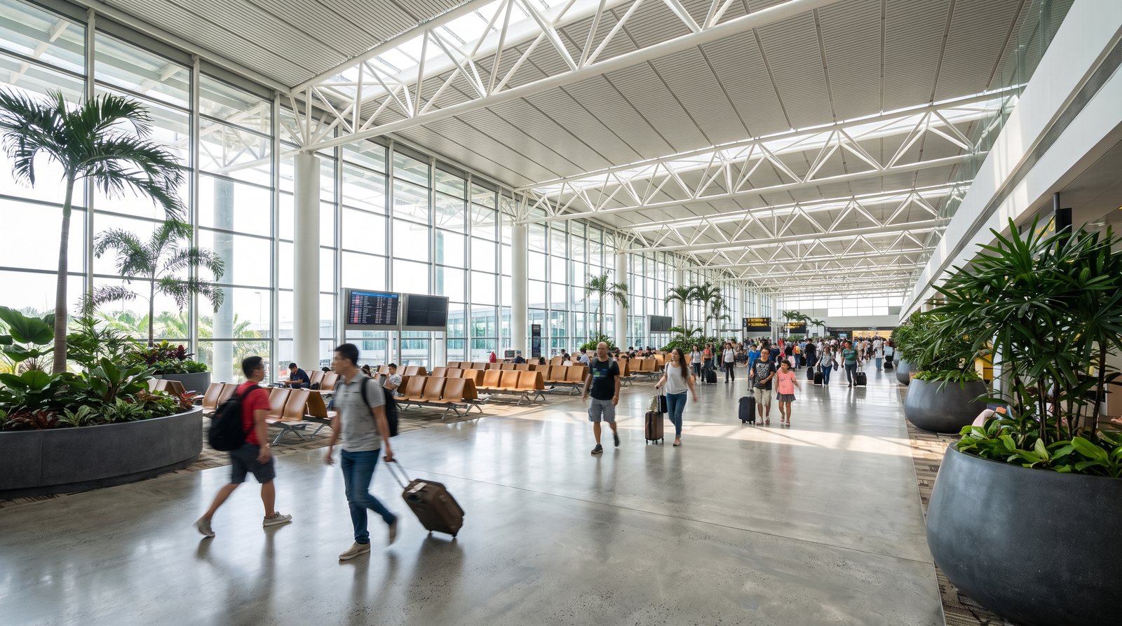 Departures concourse at a Southeast Asian airport, part of the journey when you travel to Thailand