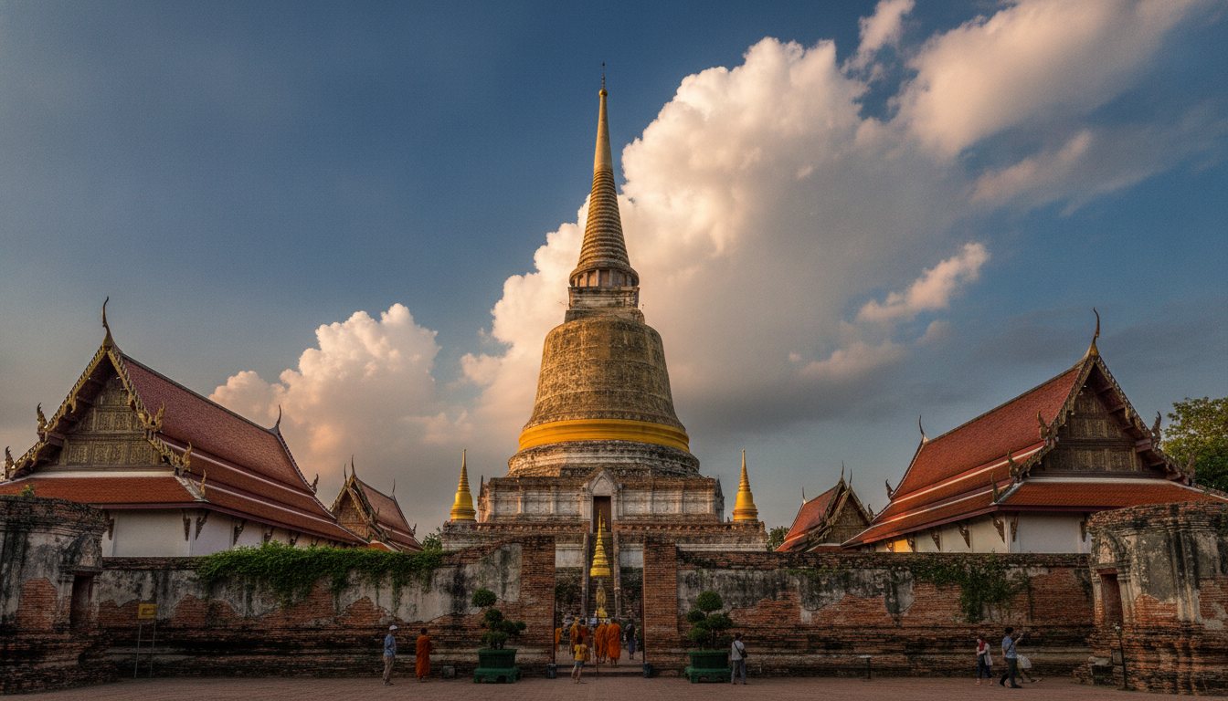 The great gold-spired chedi of a southern Thai reliquary temple rising above monastery halls in Nakhon Si Thammarat