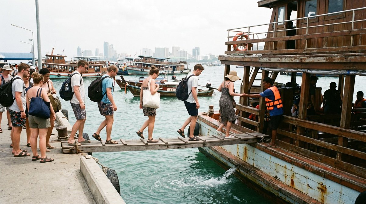 Travellers boarding a wooden ferry at Bali Hai Pier in Pattaya with the city skyline behind, a starting point for Koh Larn beaches and things to do in Pattaya during the Thai festivals 2026 September calendar