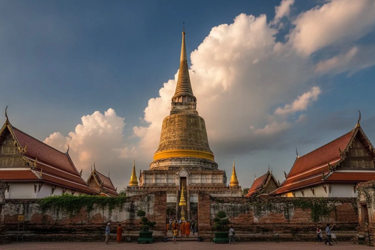 The tall white-and-gold chedi of Wat Phra Mahathat Woramahawihan rising above red-tiled temple halls in Nakhon Si Thammarat, ceremonial centre of the Sart Duean Sip fair in this Thai festivals 2026 guide