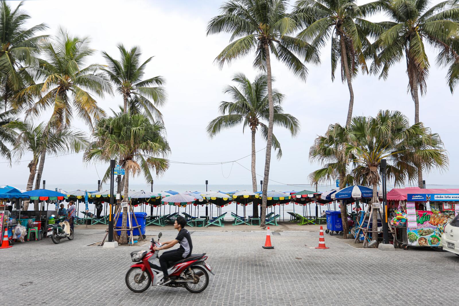 Palm trees, coloured beach umbrellas, deckchairs and food carts lining the seafront road at Bang Saen beach in Chonburi, a short ride from the buffalo racing ground and an easy day trip from Pattaya