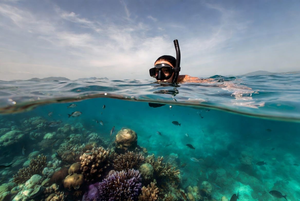 Snorkeler above coral reef with clear water near Koh Lipe
