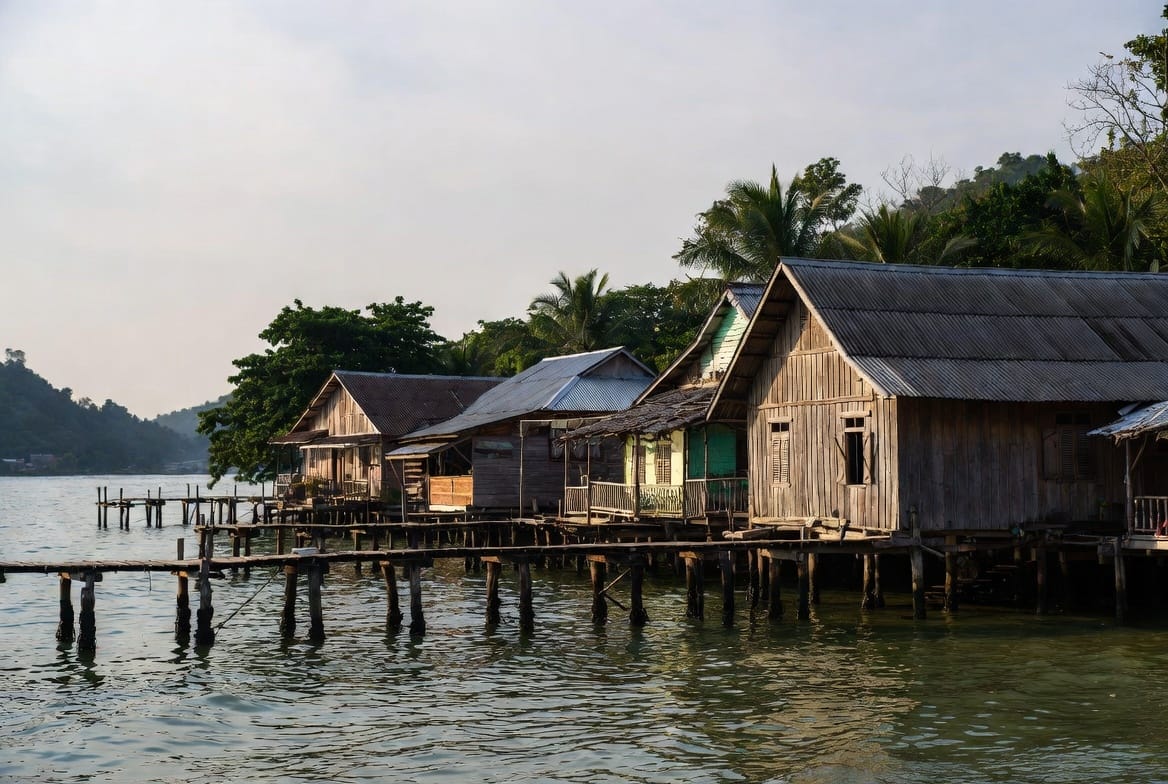 Wooden stilt houses and pier in Koh Lanta Old Town