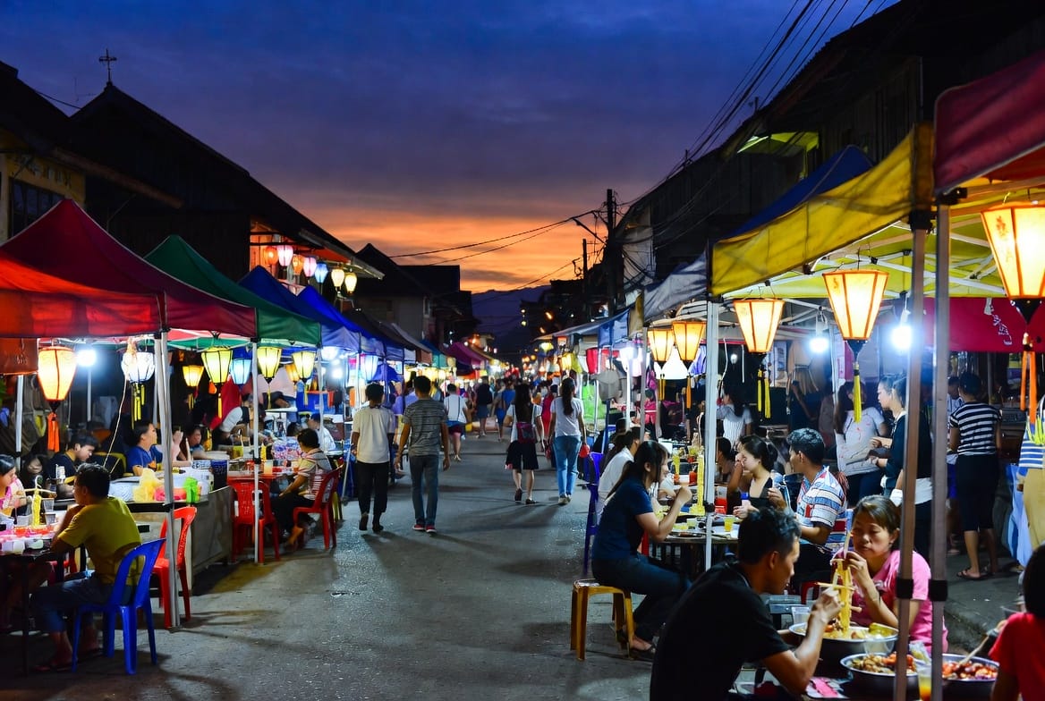 Pai Walking Street night market with food stalls and colourful lights