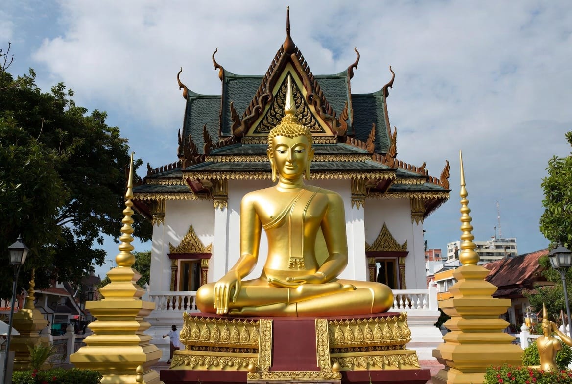 Golden Buddha statue at Wat Pho Chai in Nong Khai