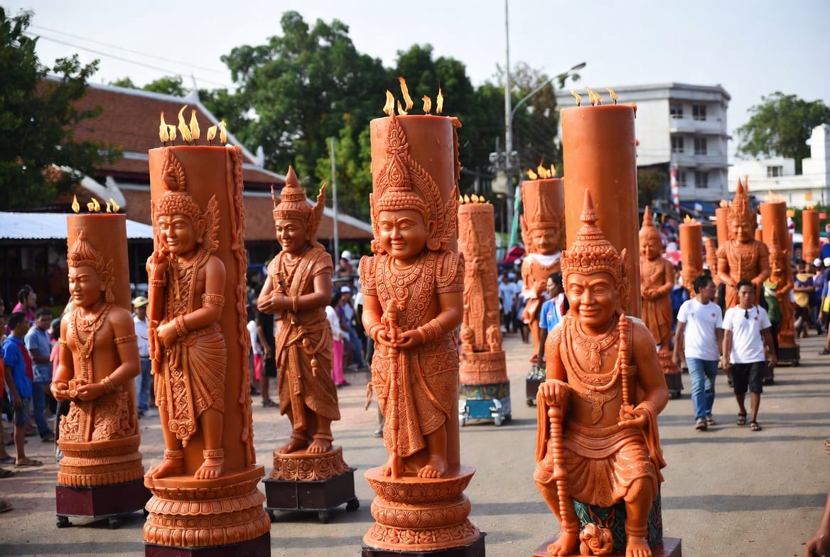 Large elaborately carved wax candle sculptures at the Ubon Ratchathani Candle Festival