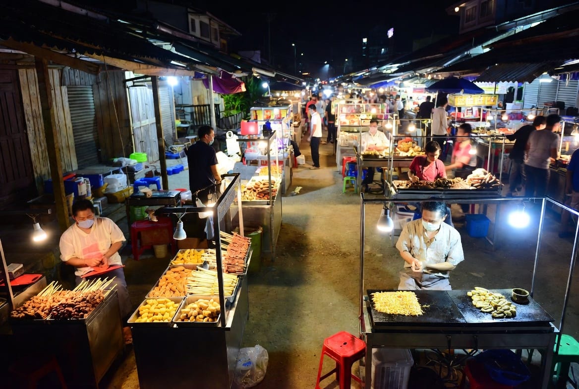 Night market food stalls in Buriram city