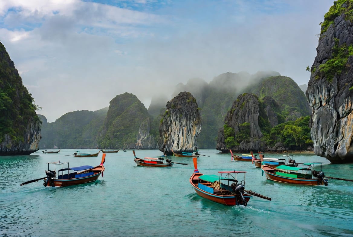 Longtail boats among limestone islands in the Trang archipelago