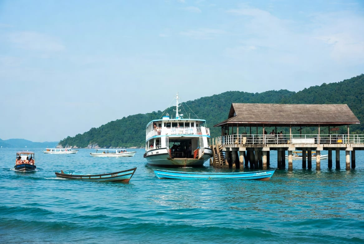 Ferry and boats at a pier on Koh Chang with green hills behind