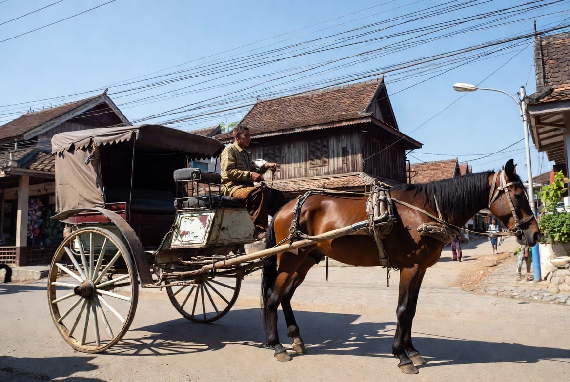 Traditional horse-drawn carriage on a street in Lampang