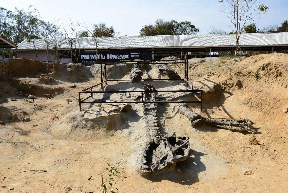 Dinosaur fossil excavation site and museum display at Phu Wiang near Khon Kaen