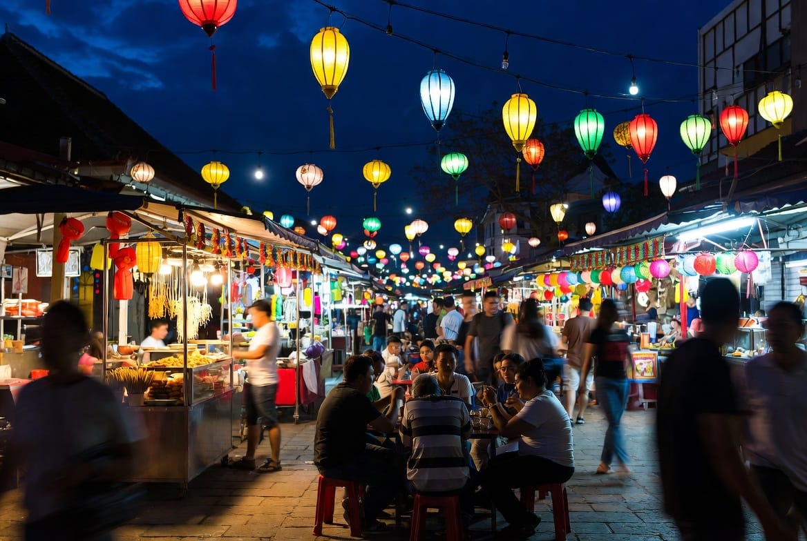 Evening atmosphere at Chiang Rai Night Bazaar with colourful lanterns and food stalls