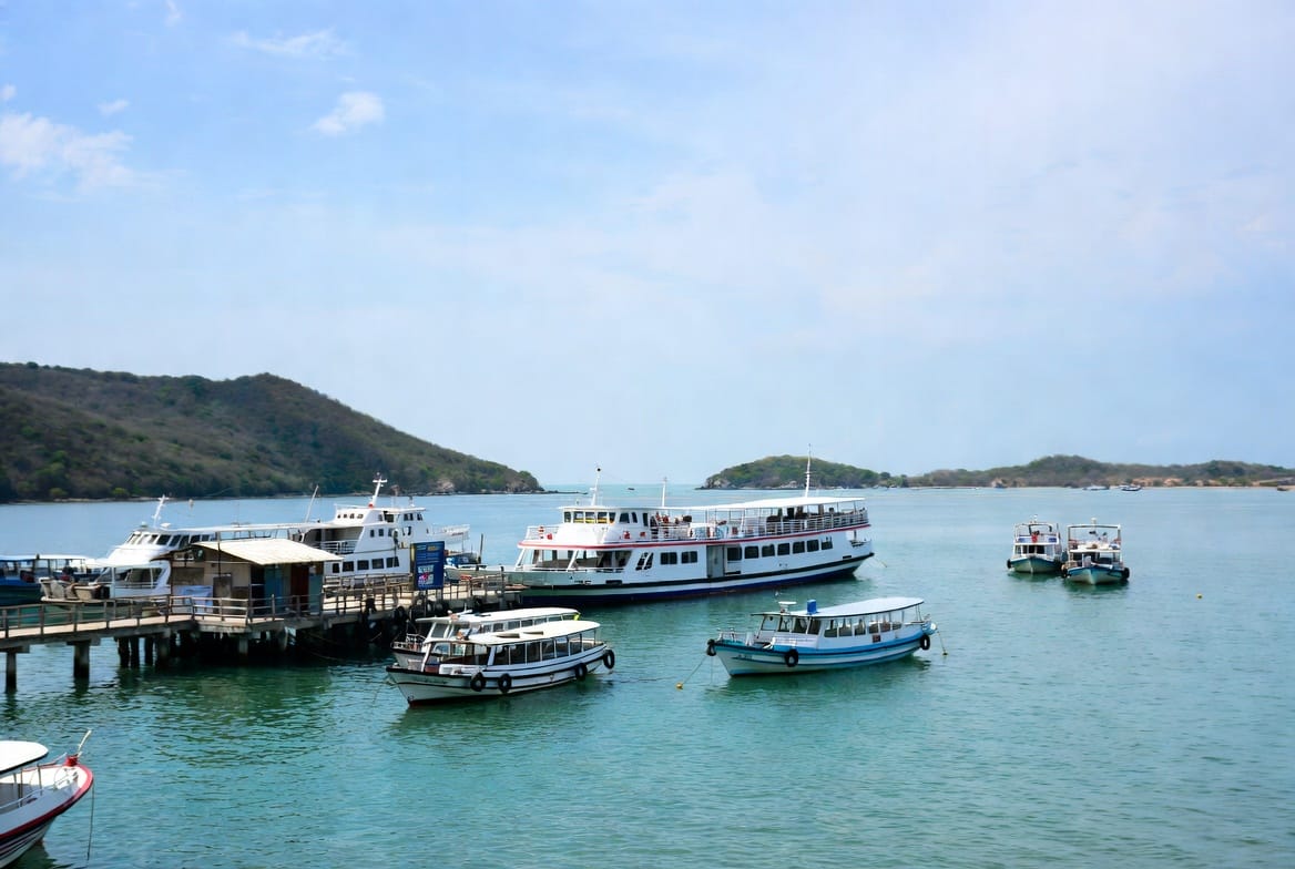 Ferry boats at a pier near Trat for the crossing to Koh Chang