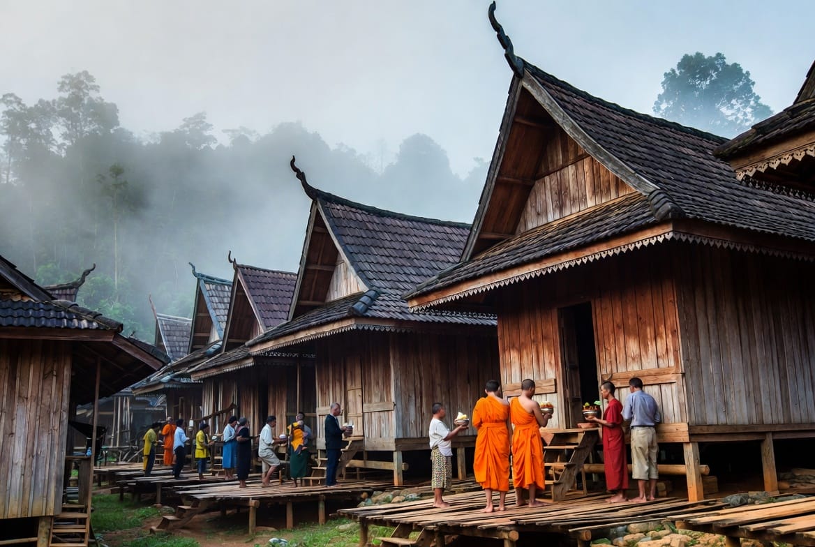 Traditional wooden houses and morning alms scene in Chiang Khan