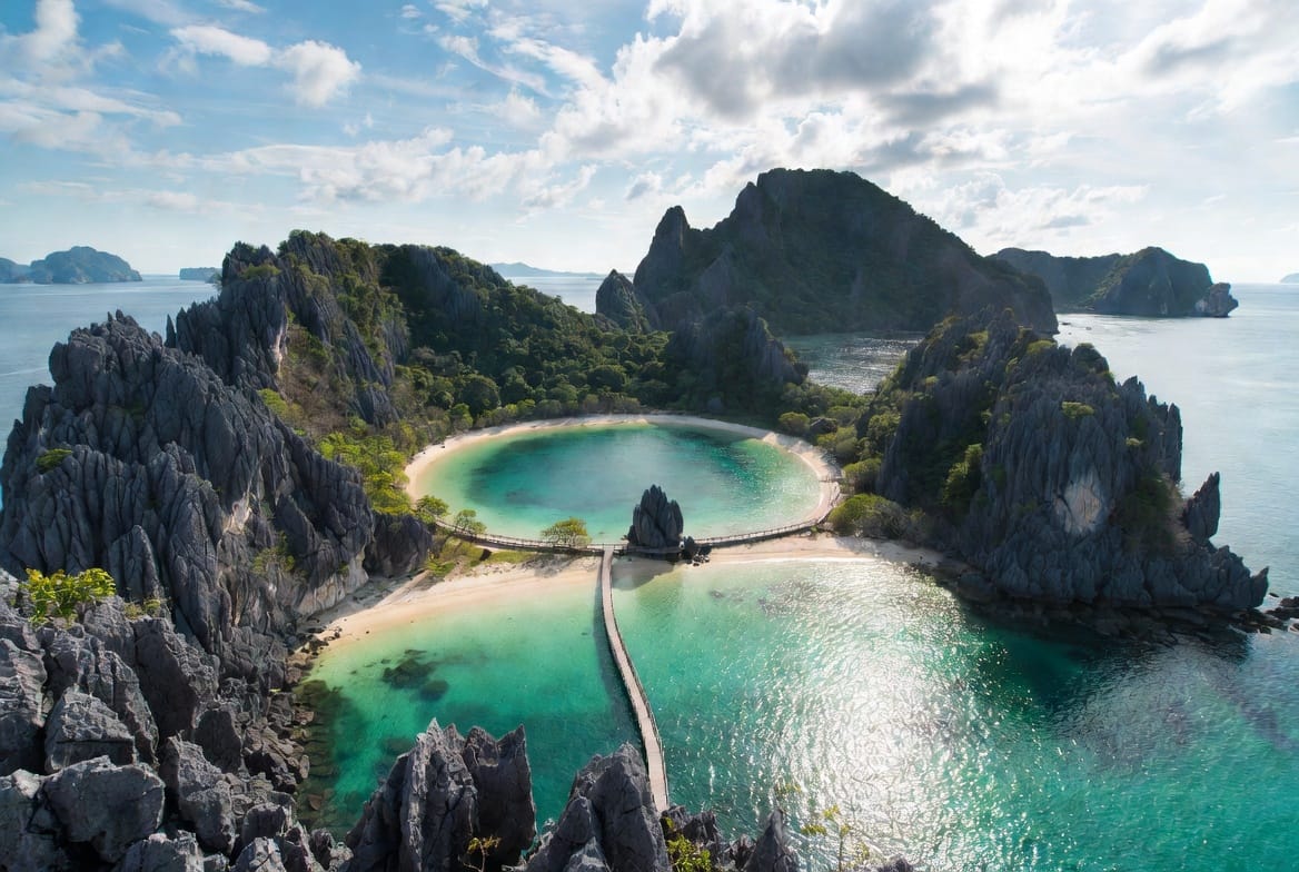 Aerial view of Koh Nang Yuan with three beaches and turquoise lagoons near Koh Tao