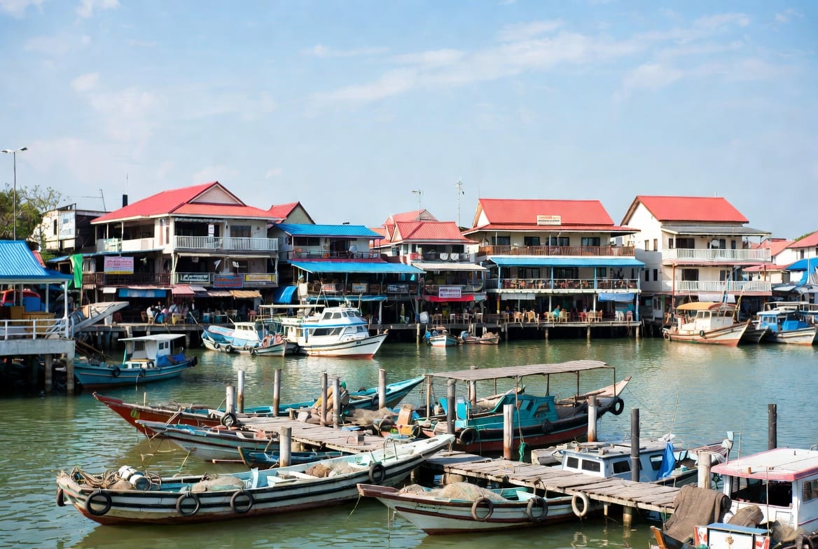 Ban Phe Pier area in Rayong with fishing boats and waterfront restaurants