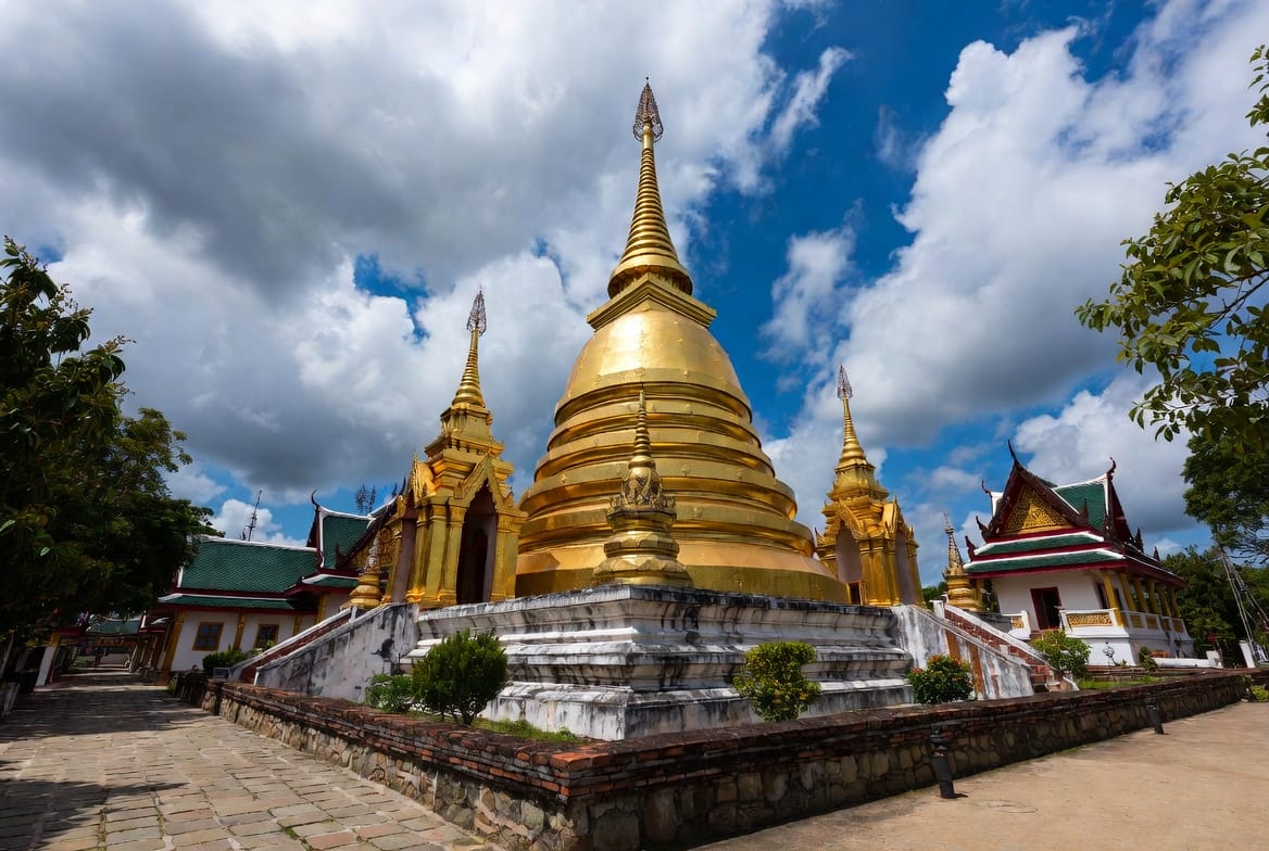 Golden chedi and temple buildings at Wat Luang in Phrae