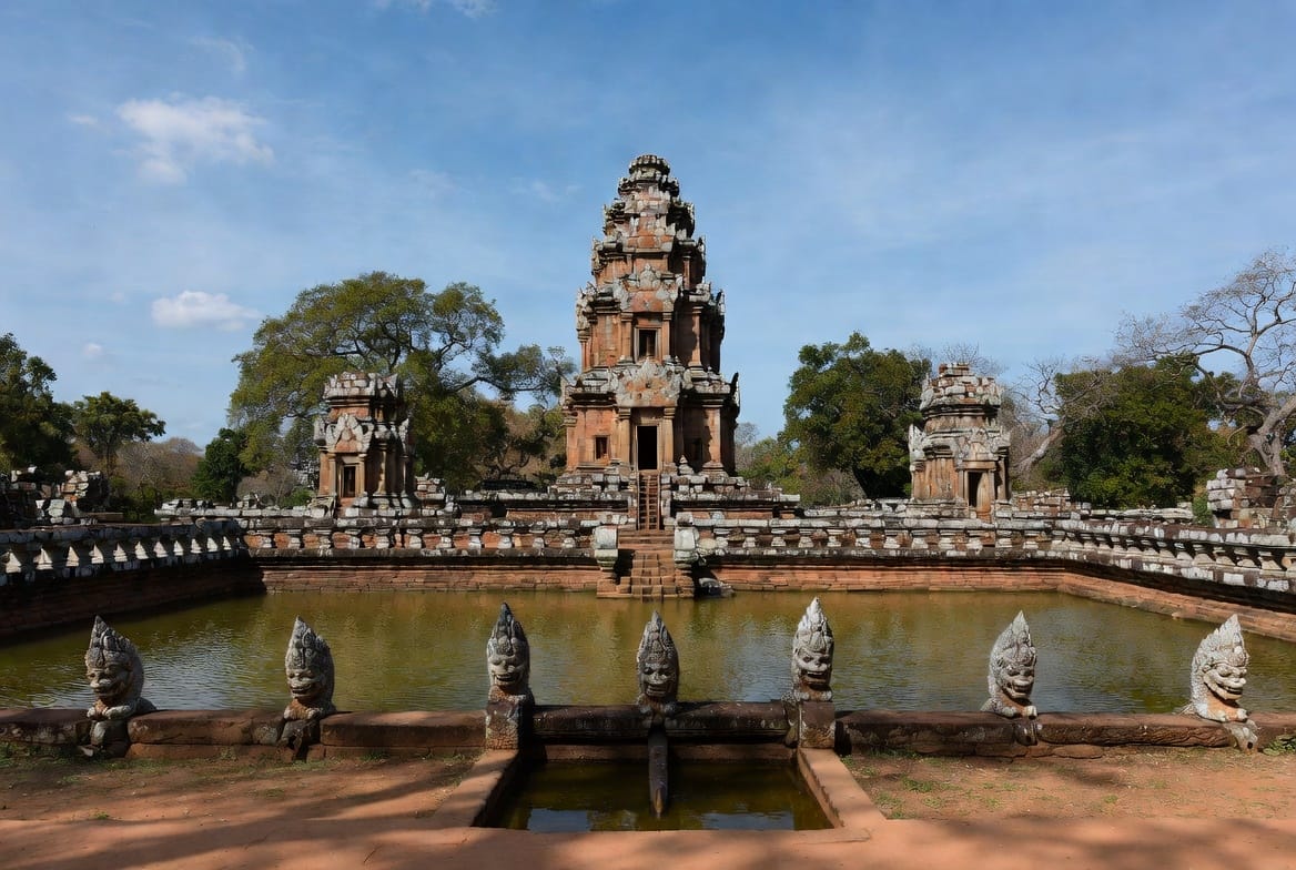 Prasat Muang Tam Khmer temple with naga-lined ponds
