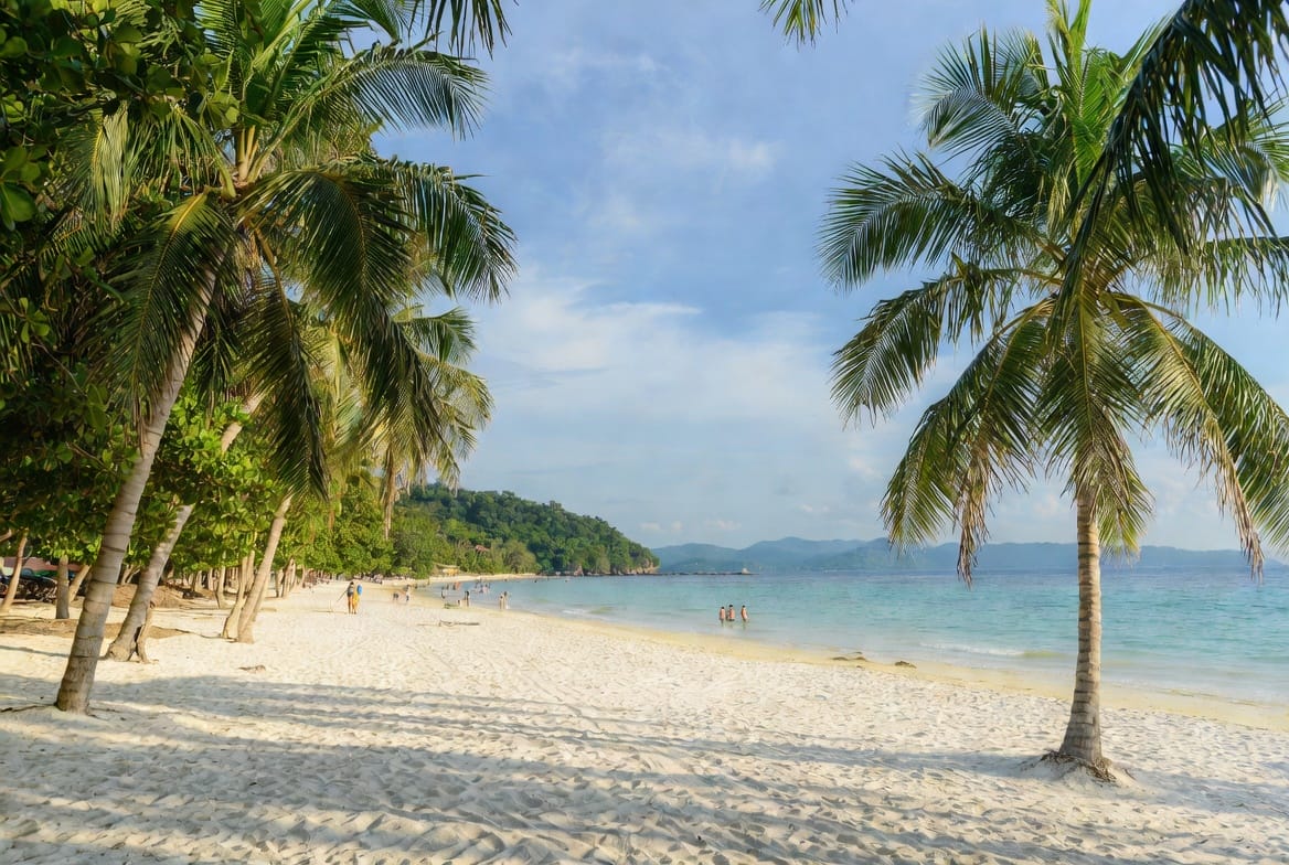 Long Beach on Koh Lanta with white sand, palm trees and clear water