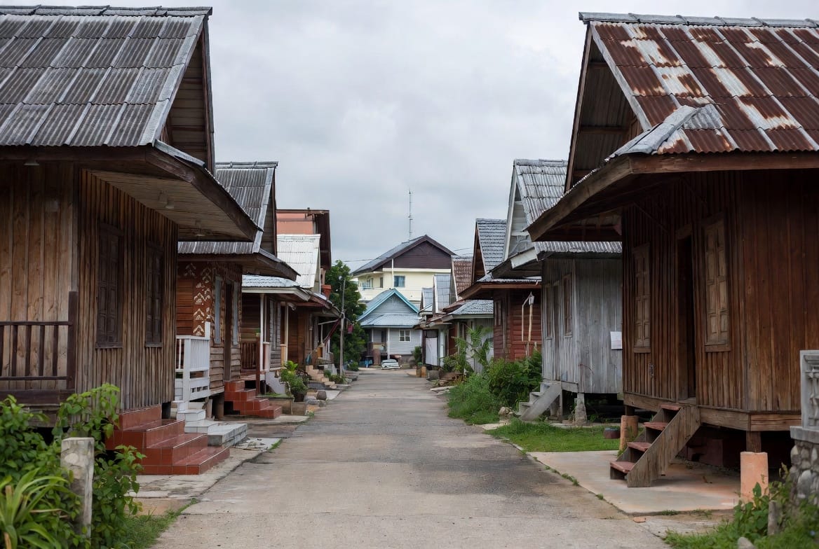 Quiet street lined with traditional wooden houses in Phrae