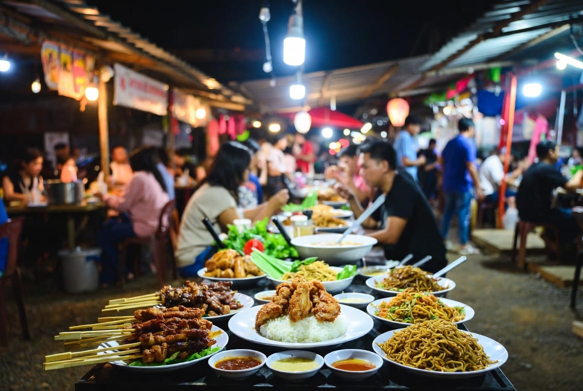 Night market food scene in Ubon Ratchathani with people eating Isan dishes