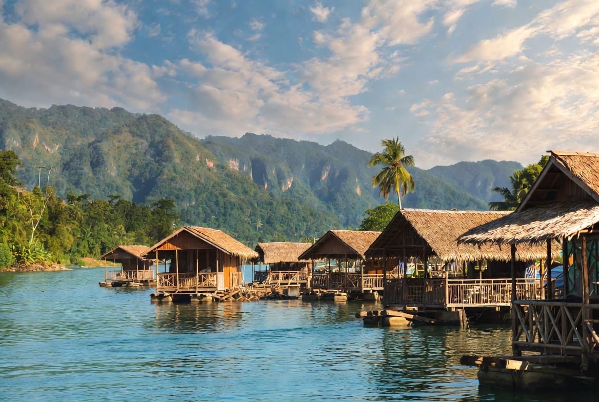 Floating bamboo raft houses on the River Kwai with green mountains behind in Kanchanaburi