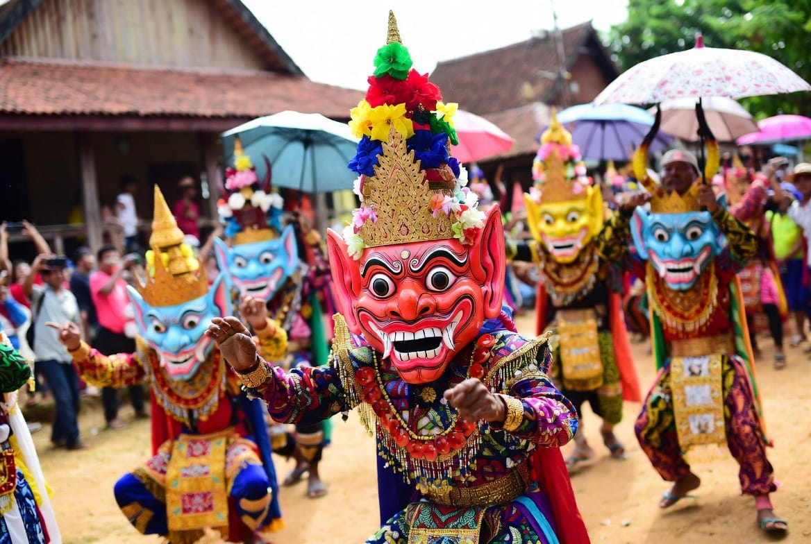 Phi Ta Khon Ghost Festival dancers in colourful masks in Dan Sai Loei