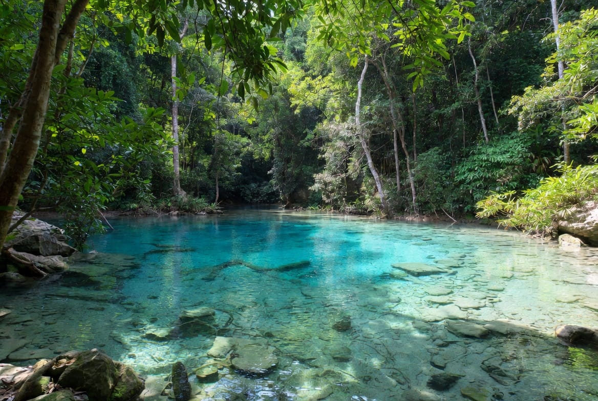 Emerald Pool near Krabi with clear turquoise water in the jungle
