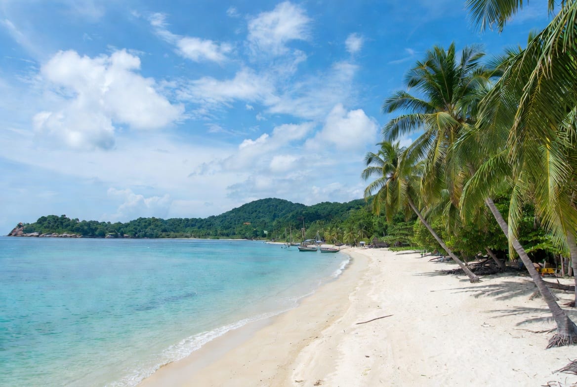 Sairee Beach on Koh Tao with white sand, turquoise water and palm trees