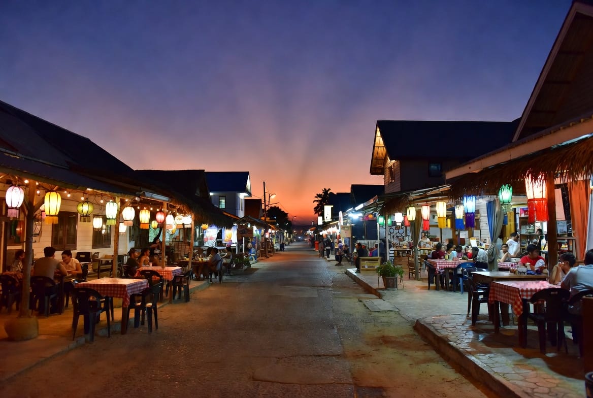 Walking Street on Koh Lipe in the evening with restaurants and colourful lights
