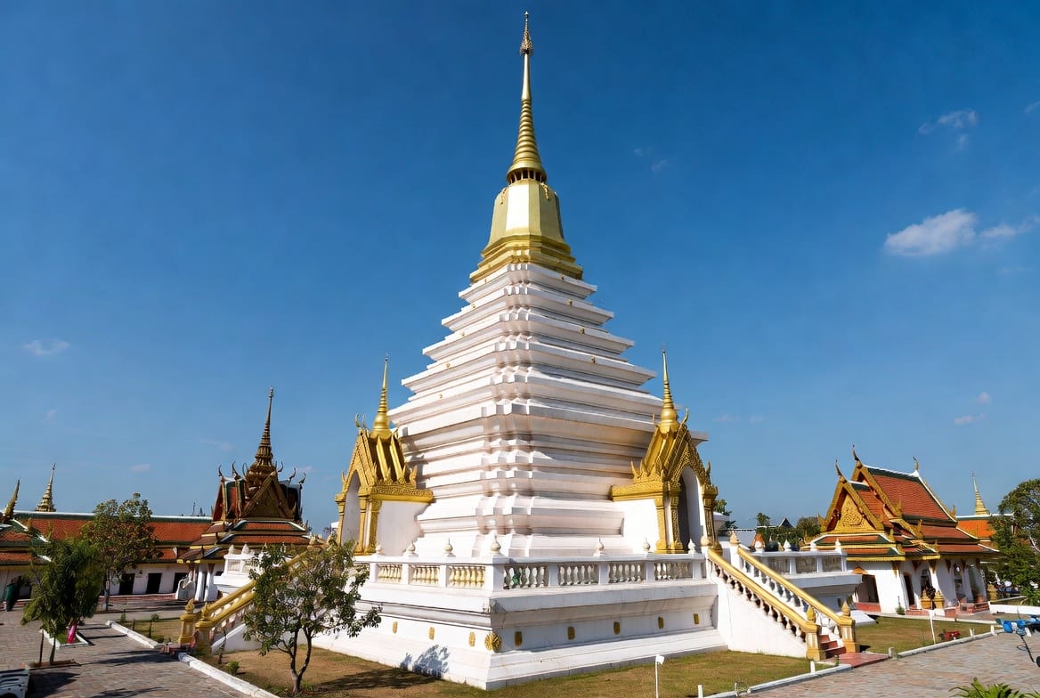 Phra Mahathat Kaen Nakhon nine-storey white and gold stupa in Khon Kaen