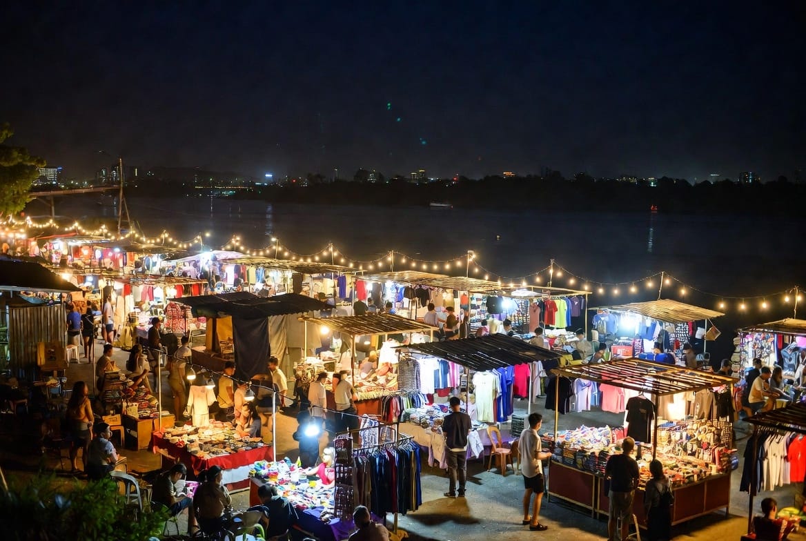 Night market stalls along the Mekong in Nong Khai