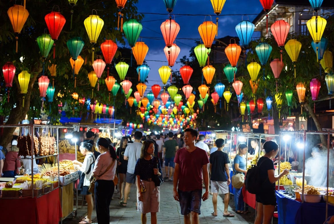 Colorful lanterns and food stalls at Chiang Mai night market