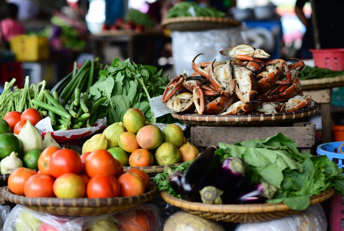 Fresh produce and seafood at a local market in Trat Thailand