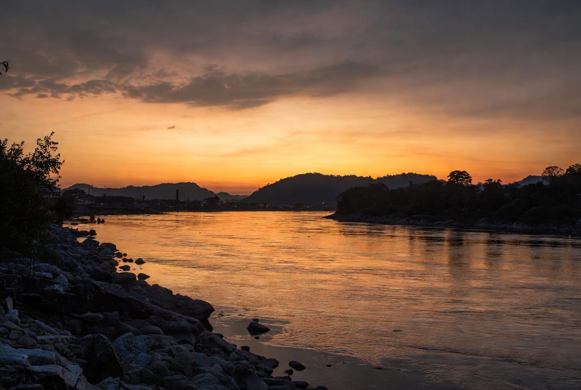 Mekong River at Chiang Khan with golden sunset light