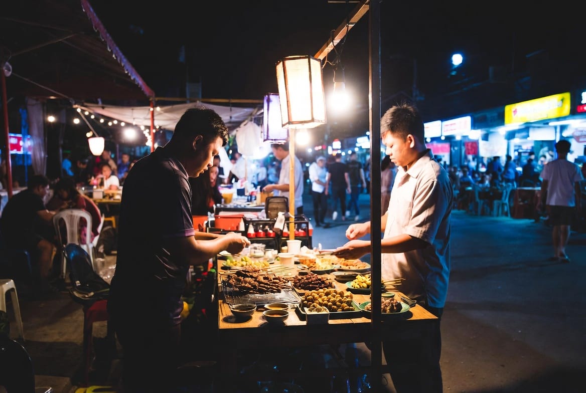 Night market food stalls in Surin city